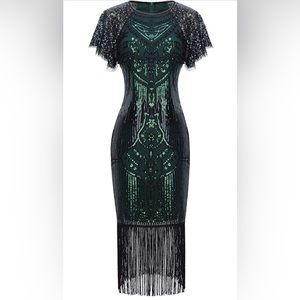 Knee Length Flapper Party Cocktail Dress with Sequined Cap Sleeve Tassels Hem